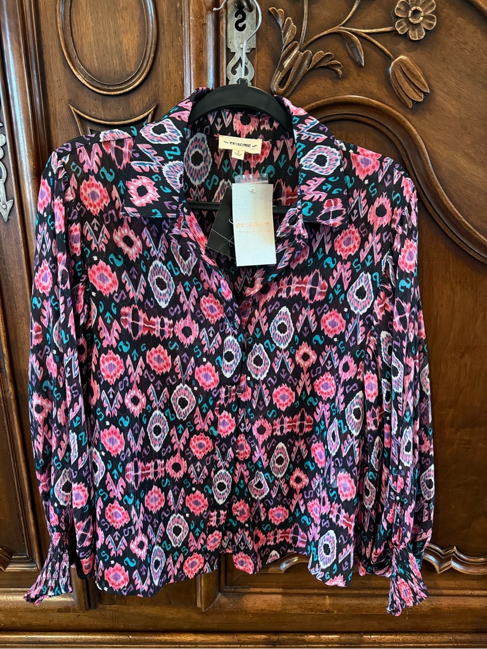 Eesome Pink, Black & Teal Patterned Button-Down Top